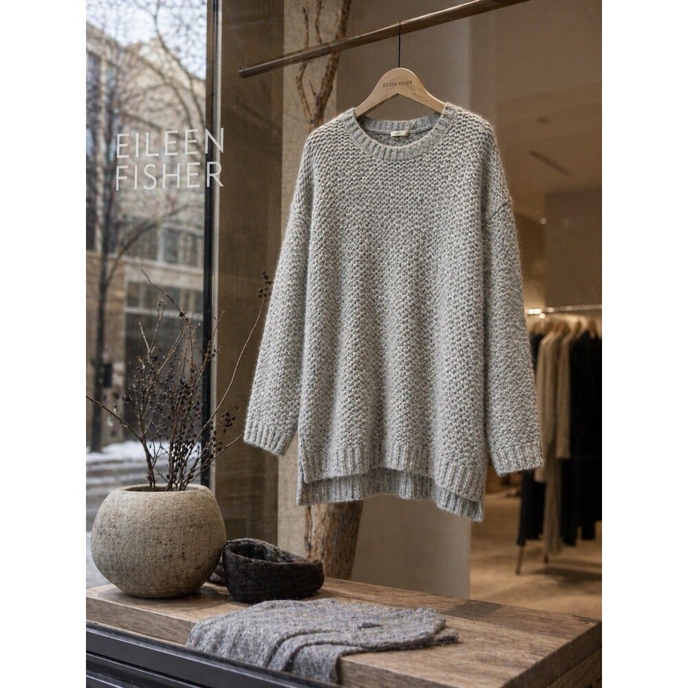 Eileen Fisher Alpaca Sweater M Gray Chunky Knit Peru Boxy Cozy Minimalist Luxury